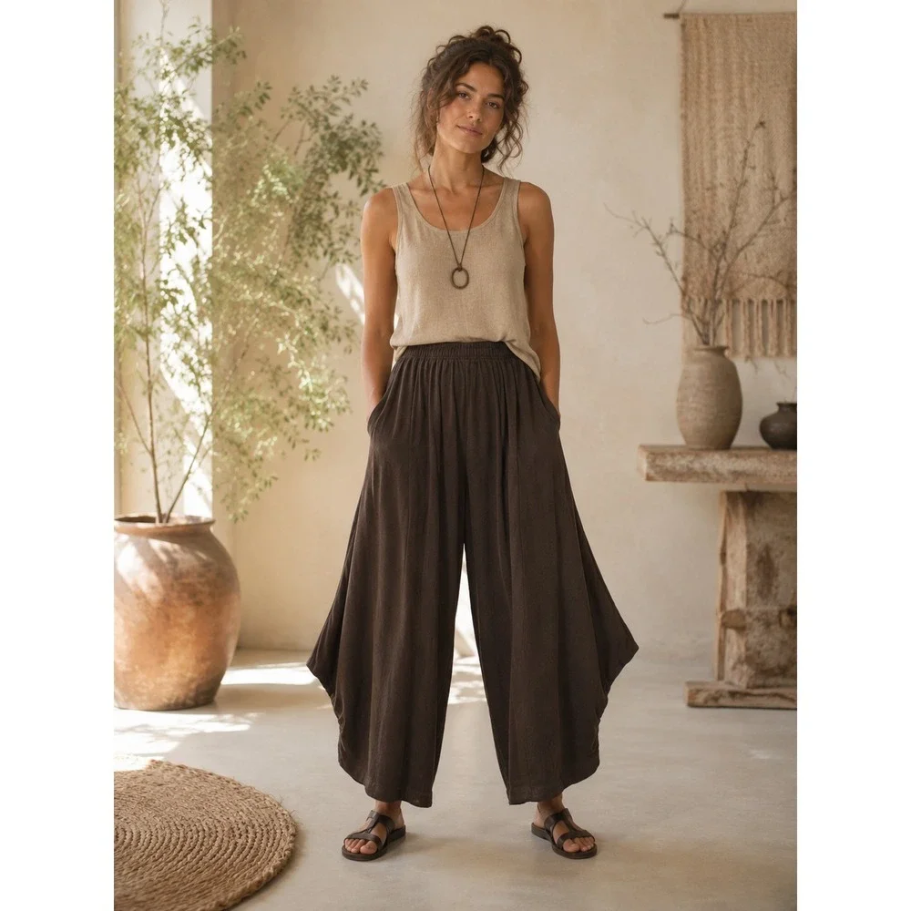 Bryn Walker Hamish Pants Size L Pull On Brown Organic Cotton Lagenlook USA Boho
